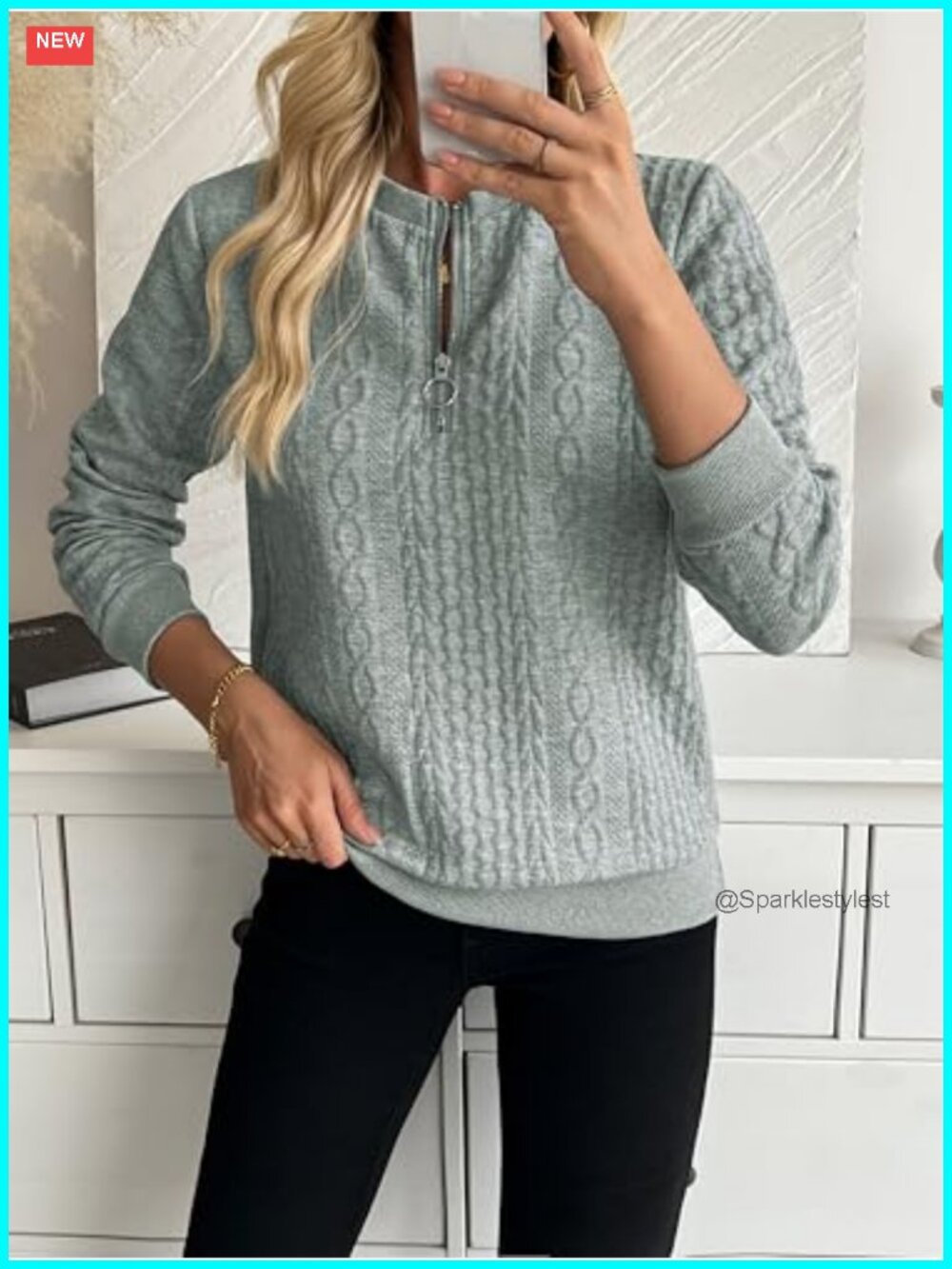 Women's Half-Zip Pullover Sweatshirt Cable Knit Textured Long Sleeve Top